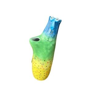 Cat Joy Whimsical Blue Green Cat Vase Gold Accents